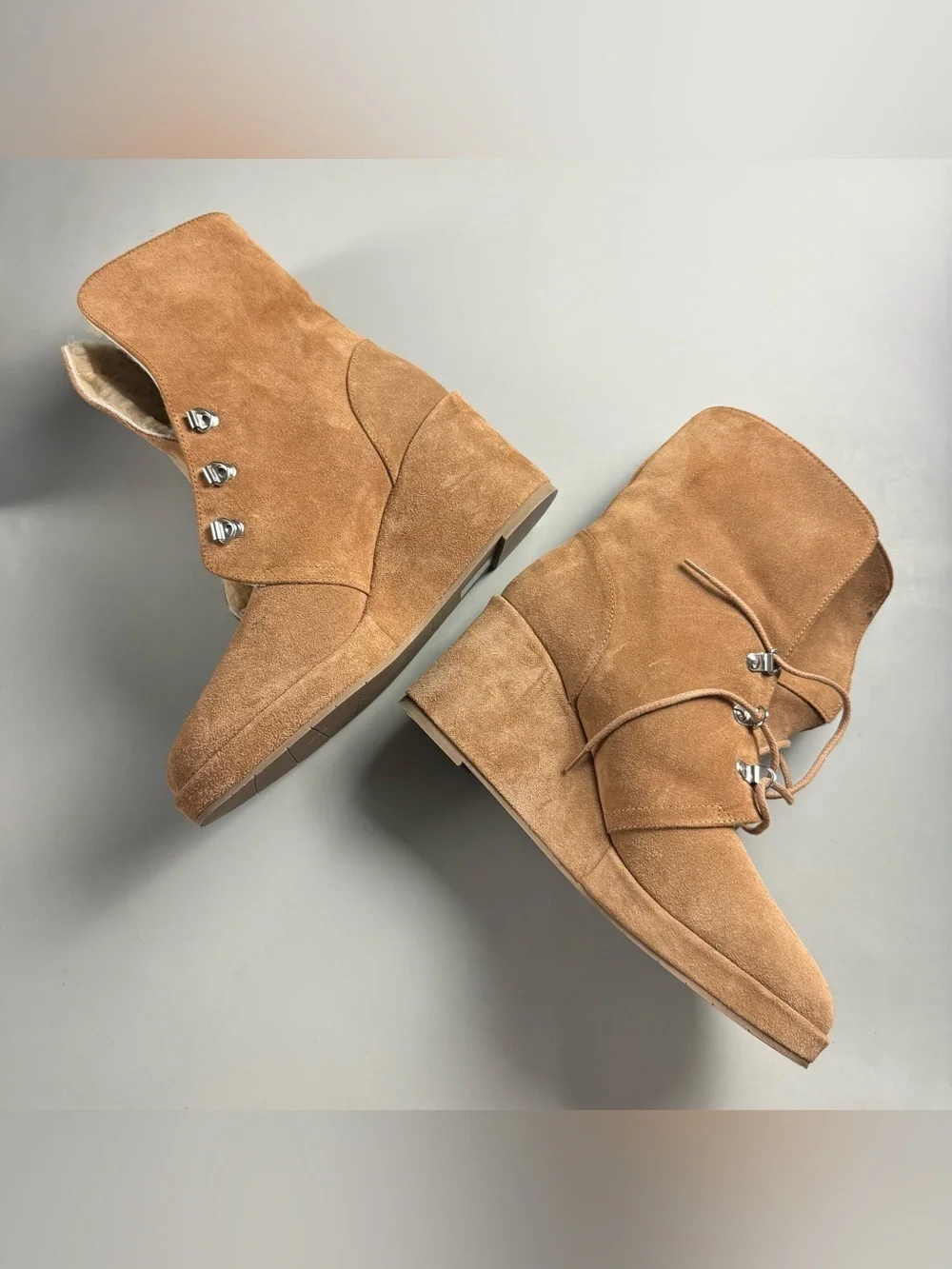 Aquatalia Shearling Lined Suede Wedge Ankle Boots Tan Size 9 Made in Italy